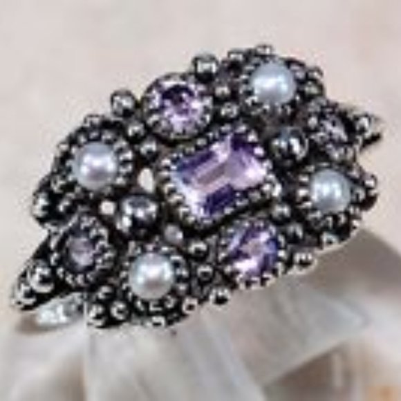 Victorian Amethyst and Pearl Silver Ring - Picture 2 of 6